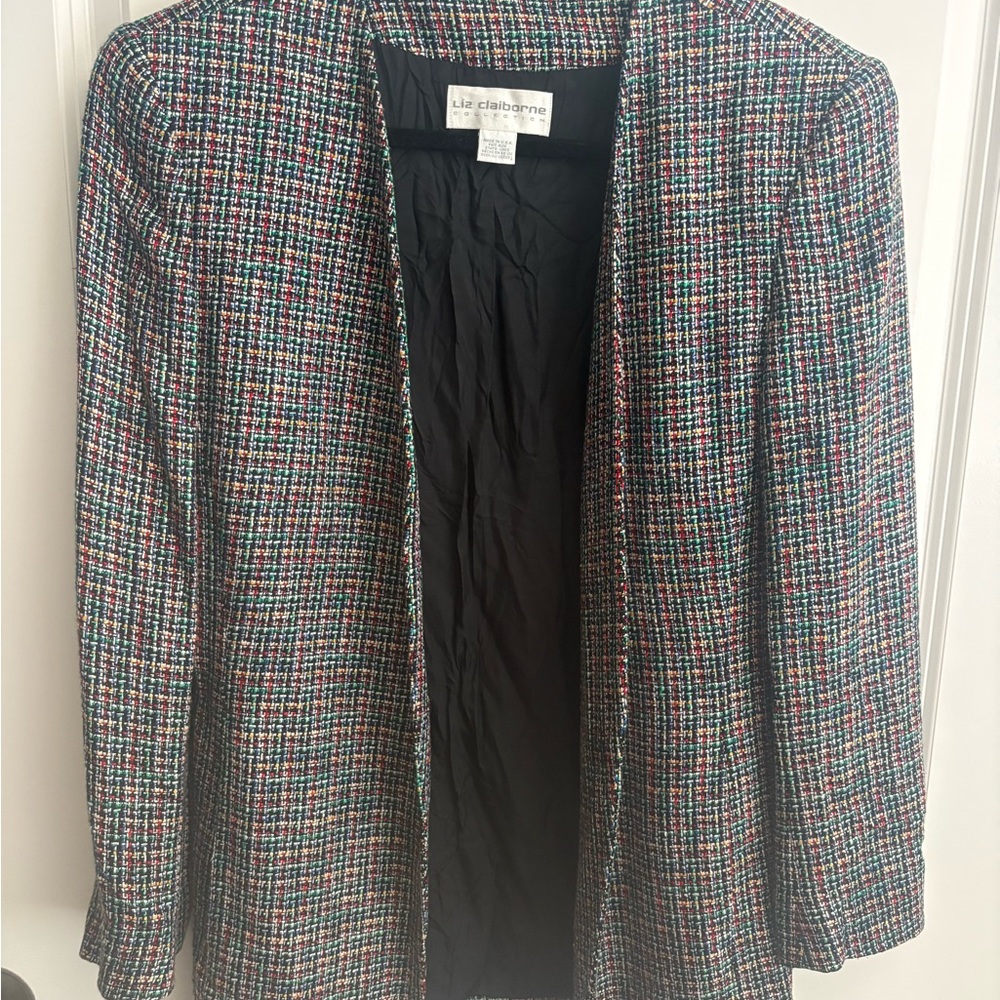 Liz Claiborne Multicolor Tweed Open Front Blazer with Black Lining